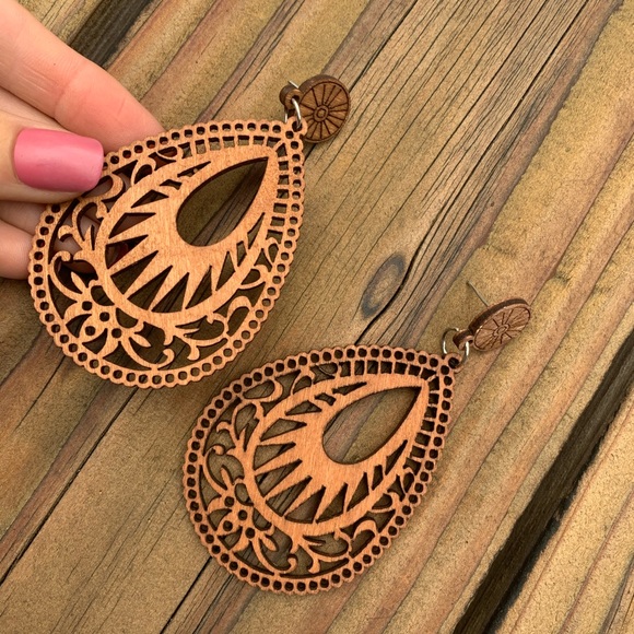 Natural Wooden Teardrop Earrings With Gift Bag - Picture 2 of 7